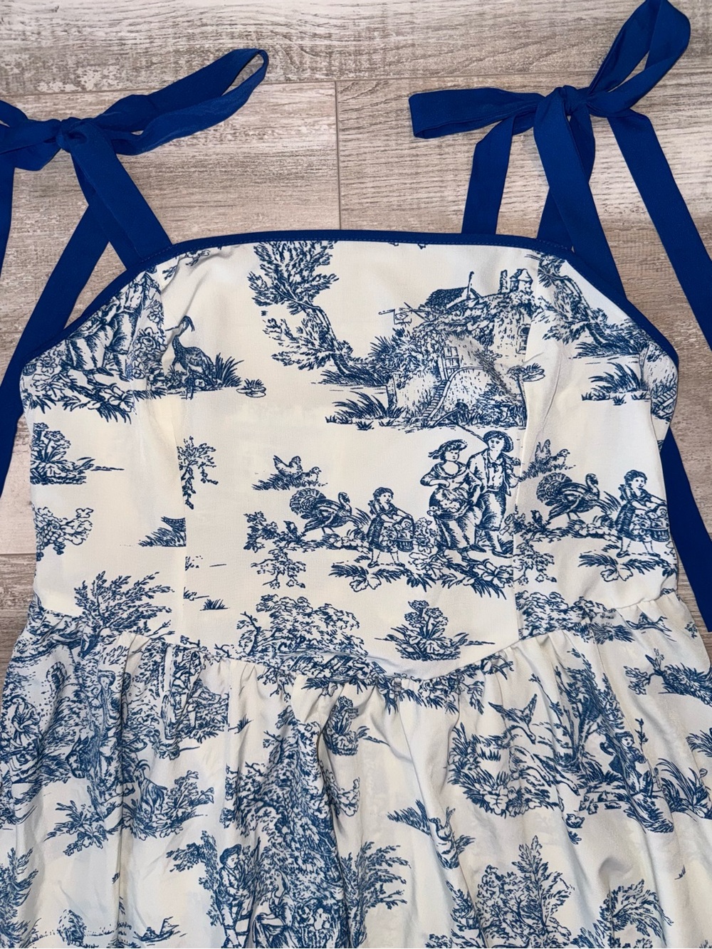 Blue Toile Tie Strap Babydoll Mini Dress Cottagecore Coquette Coastal SHEIN - Picture 3 of 8